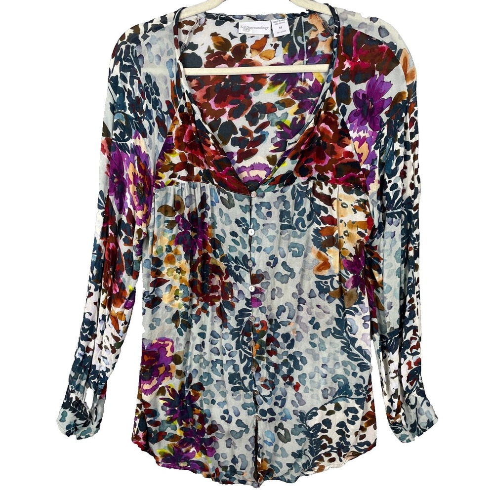 Soft‎ Surroundings Top Medium Watercolor Floral Botanical Gardencore Boho Blouse